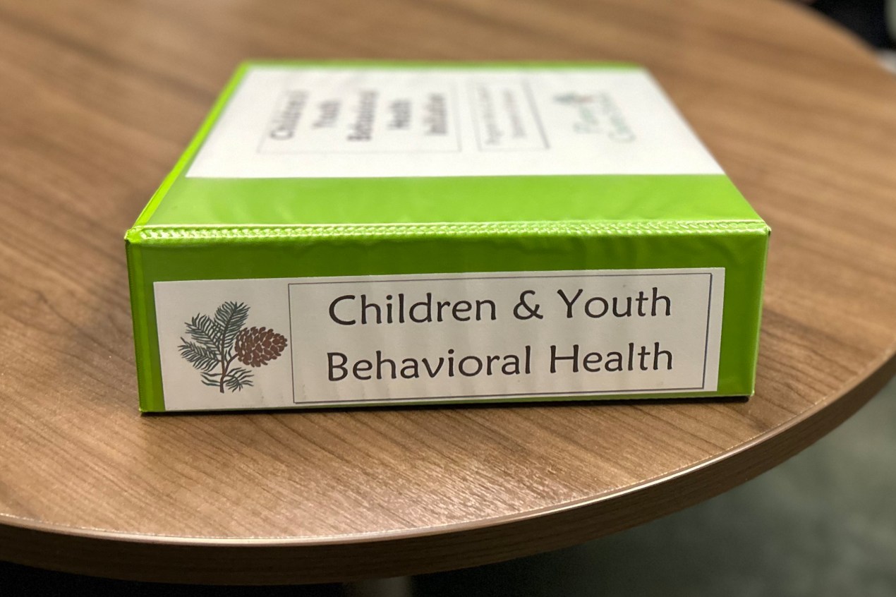 A green binder labelled "Children & Youth Behavioral Health."