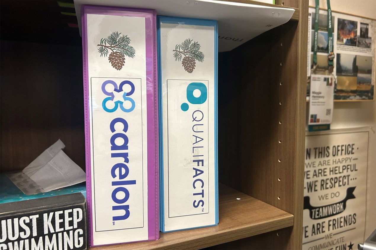 Two binders rest on a shelf. The left one is labelled "Carelon." The one of the right is labelled "Qualifacts."