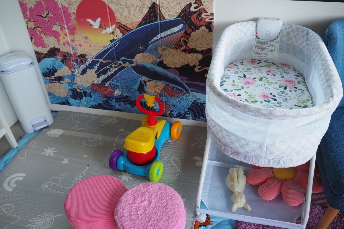 A diaper pail sits in one corner of the image while a bassinet sits on the other side